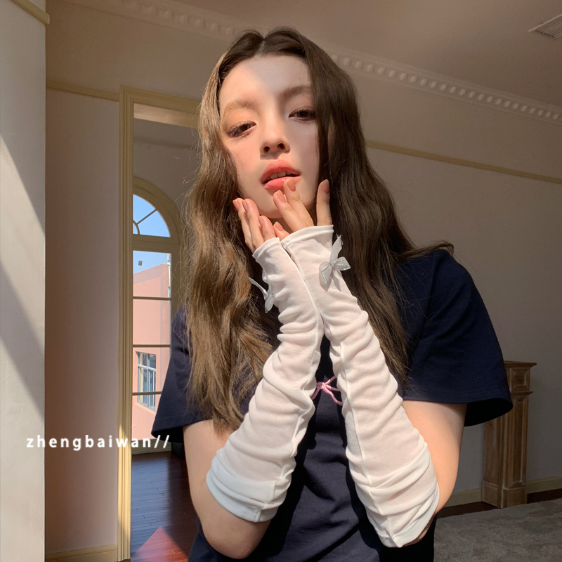 蝴蝶结薄纱透气防晒袖套女宽松露指防紫外线开车ins可爱冰袖百搭