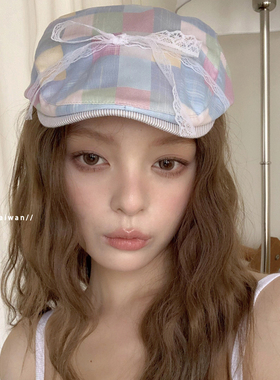 古早味女孩~原创设计彩格前进帽子百搭贝雷帽卡哇伊显脸小报童帽