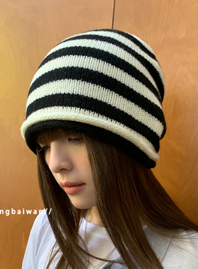 郑佰万 澳洲纯羊毛条纹卷边冷帽女秋冬时髦针织包头帽韩版中性风