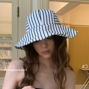 2026新款 百搭防晒盆帽沙滩出游 复古条纹渔夫帽子女夏季 刘亦菲同款