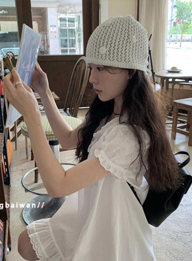 郑佰万韩国小众设计玫瑰花手工纯棉镂空针织帽子女春夏包头毛线帽