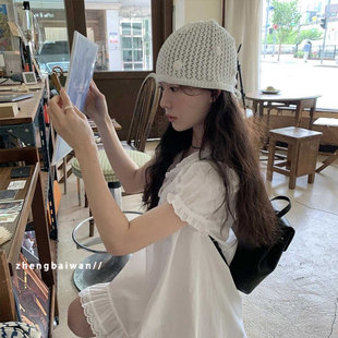 郑佰万韩国小众设计玫瑰花手工纯棉镂空针织帽子女春夏包头毛线帽