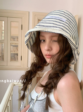 郑佰万 黑白条纹日系盆帽女显脸小薄款水桶帽防晒大头围渔夫帽潮