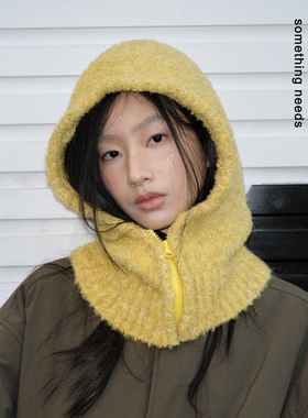 郑佰万冬季含羊毛针织包头帽女保暖加厚拉链款巴拉克拉法帽显脸小