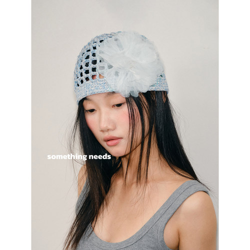 日系手工编织花朵镂空包头帽子