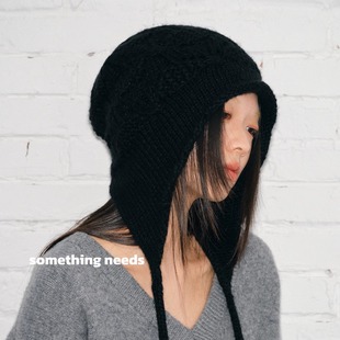 郑佰万 时髦中性风带绳护耳冷帽针织勾线保暖显脸小包头毛线帽潮