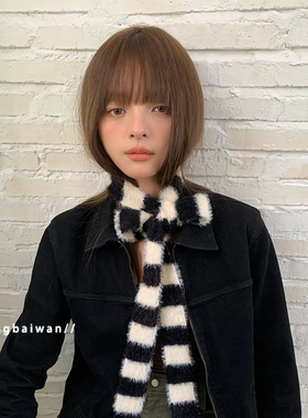 郑佰万 黑白细围巾女百搭韩系长条秋冬针织围脖装饰窄版千禧风潮