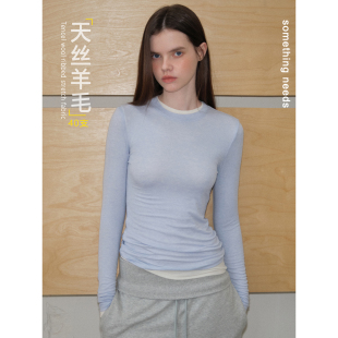 郑佰万 羊毛纯色百搭修身打底衫女长袖高级感秋冬T恤内搭上衣显瘦