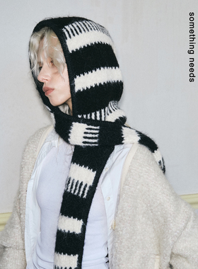 郑佰万 时尚极简黑白包头帽个性一体式围巾连帽高级巴拉克拉法帽