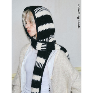 郑佰万 时尚极简黑白包头帽个性一体式围巾连帽高级巴拉克拉法帽