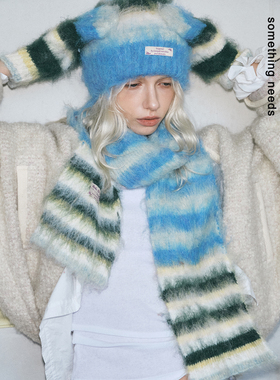 郑佰万 软糯棉花糖！时尚三件套冬日新款毛绒条纹围巾帽子手套女