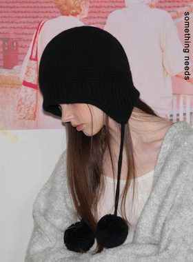 郑佰万 秋冬100%羊毛帽女个性挂毛球保暖护耳帽显脸小针织包头帽