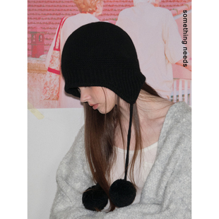 郑佰万 秋冬100%羊毛帽女个性挂毛球保暖护耳帽显脸小针织包头帽