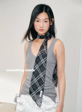 清冷感 自制时髦格纹丝巾女含真丝可拆卸小花围巾飘带配饰颈花韩