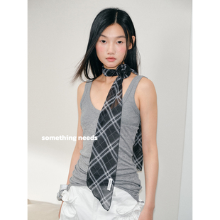 清冷感 自制时髦格纹丝巾女含真丝可拆卸小花围巾飘带配饰颈花韩