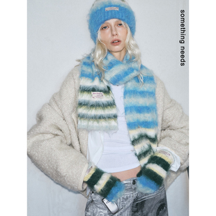 郑佰万 费尔岛个性条纹围巾手套帽子套装时尚保暖毛毛冷帽冬锁温