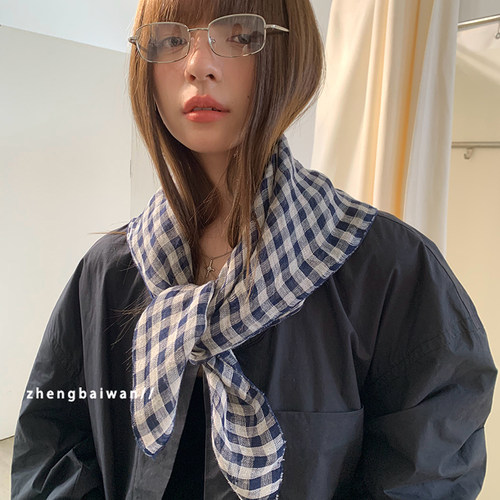 简约春夏季亚麻格子小方巾女文艺