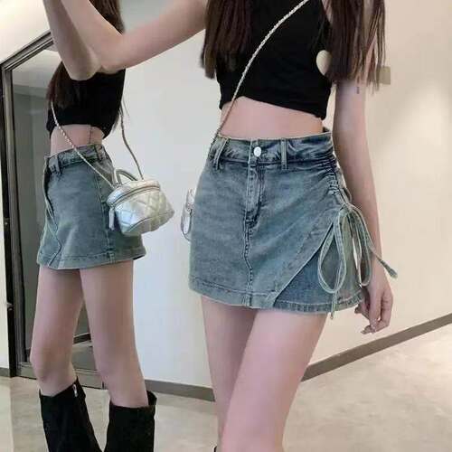 辣妹高腰牛仔半身裙女装春夏季短裙小个子水洗复古半裙绑带包臀裙