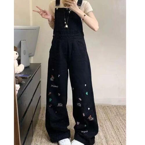 重工刺绣牛仔背带裤女春夏新款减龄可爱显瘦黑色直筒休闲阔腿长裤