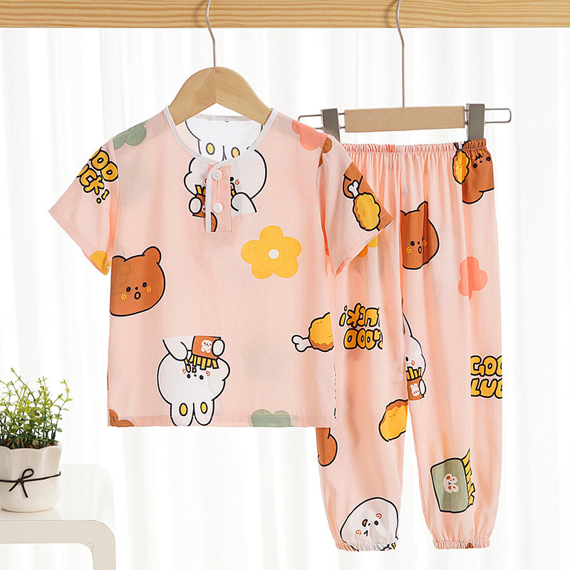 夏季儿童棉绸套装短袖灯笼长裤绵绸睡衣小孩子人造棉家居服空调服