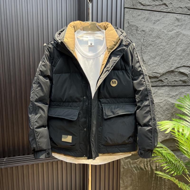 冬季男士PU皮免洗羽绒服连帽加厚白鸭绒外套帅气潮流保暖上衣夹克