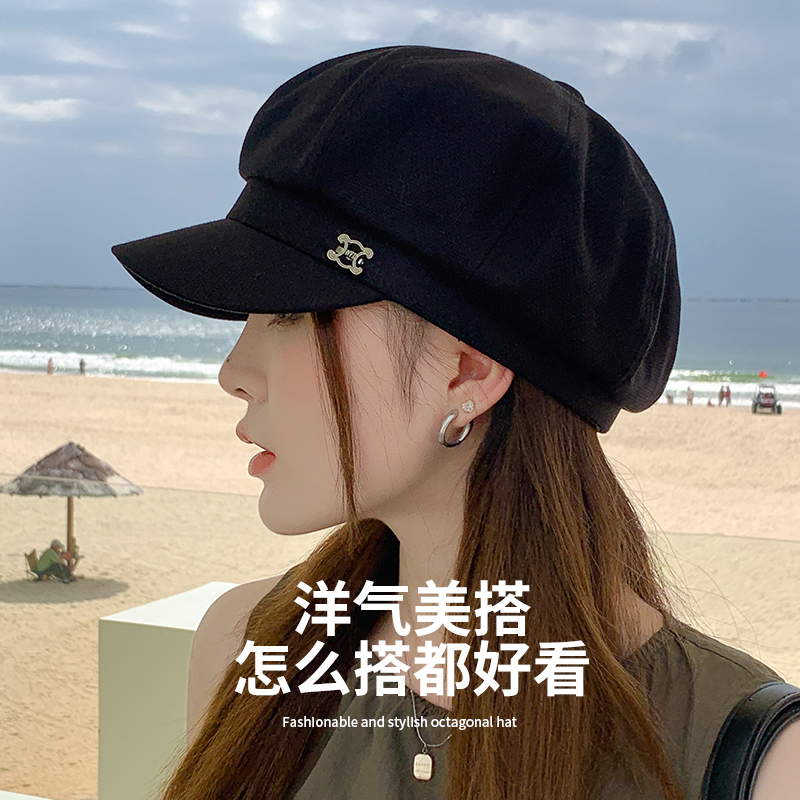 贝雷帽女夏季2024新款黑色画家帽春夏薄款百搭显脸小鸭舌八角帽子