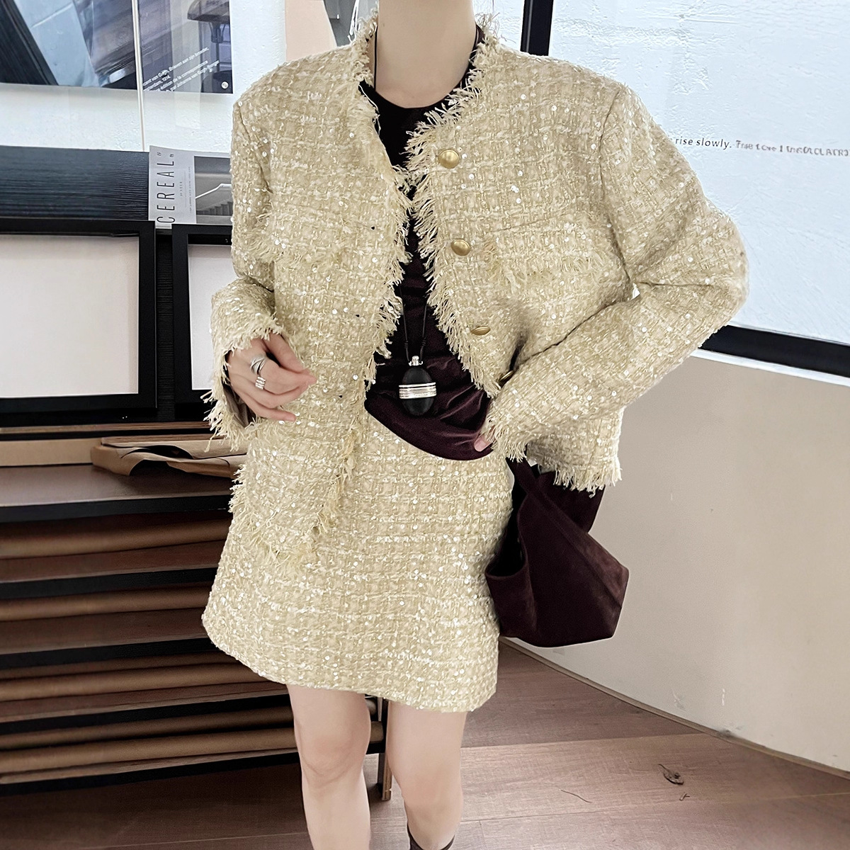 GRACETINAHOO秋新法式珠片编织手工流苏边小香外套半裙套装TZA986