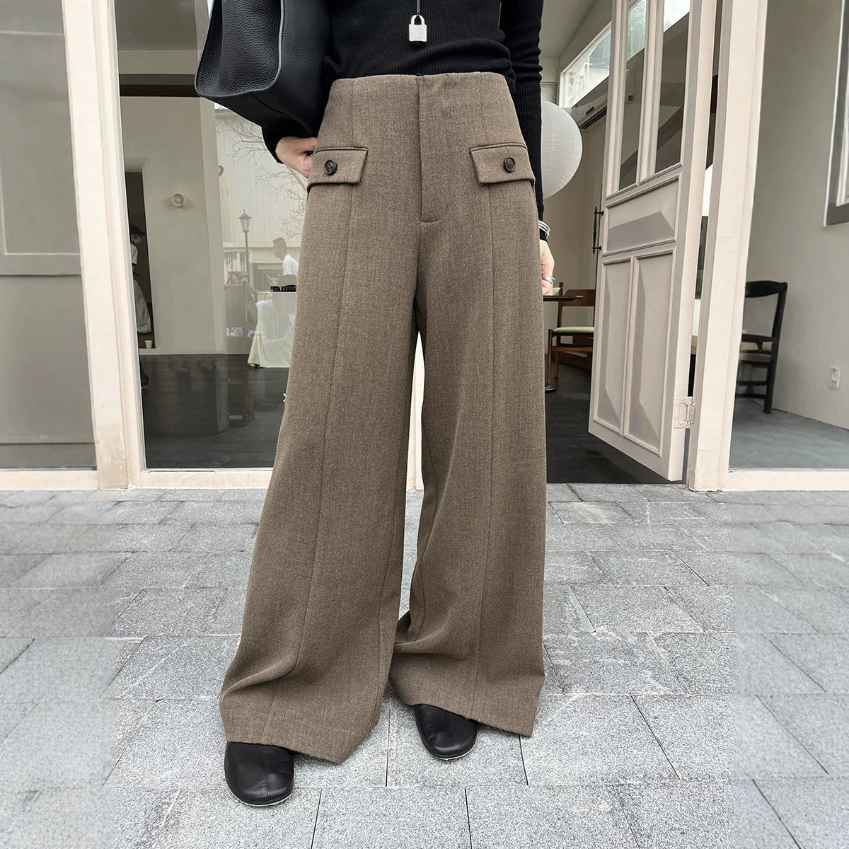 hoo秋季女装高级感法式立裁双兜盖无腰色织阔腿裤KA6230