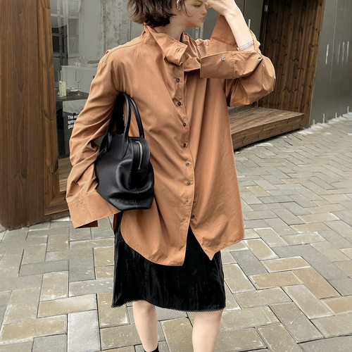 HOO秋季女装高级感法式鱼骨立领廓形松弛感通勤百搭衬衫CSA831
