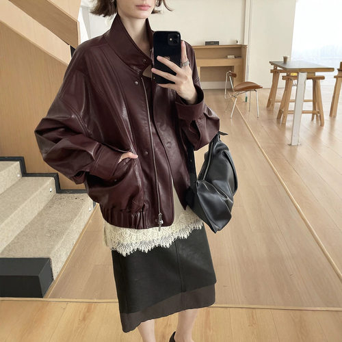 HOO秋季女装高级感法式解构立裁松弛感收腰廓形外套皮衣WTA696