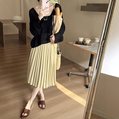 GRACETINAHOO春新织带腰头松弛肌理百褶通勤简约百搭半身裙BQA270