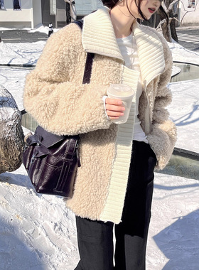 GRACETINAHOO冬法式廓形拼接翻领毛通勤百搭松弛感羊毛外套WTA437