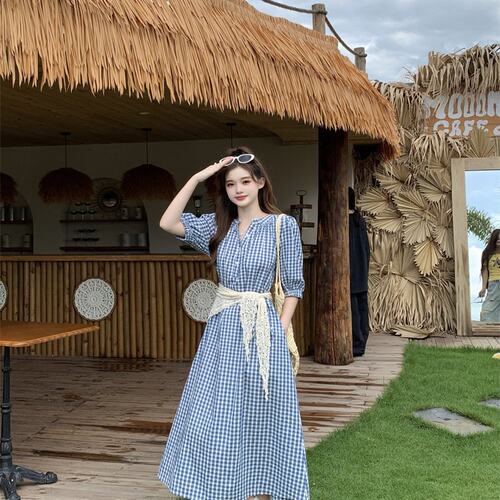 大码女装2026夏韩系新品复古格子气质连衣裙显瘦设计感短袖连衣裙