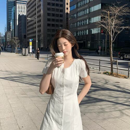 chic 韩国夏季新款复古气质甜美蕾丝花边短袖单排扣A字连衣裙