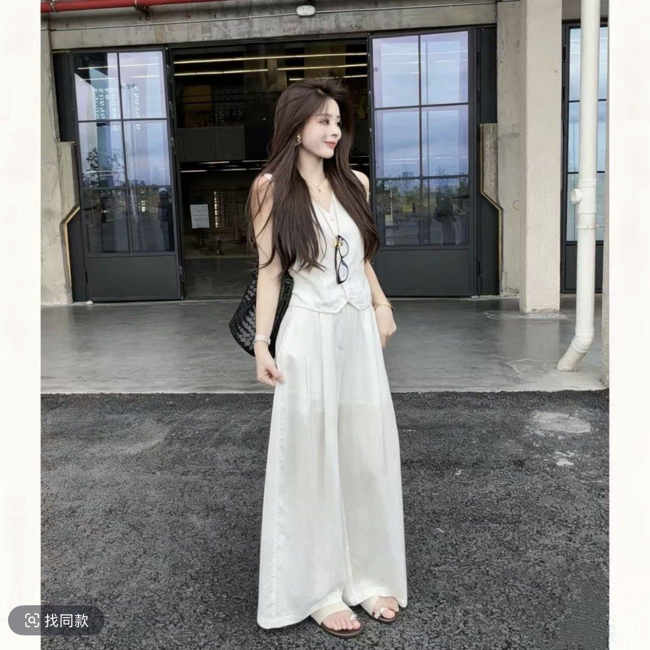 晓溪服饰夏季新款高级感显瘦无袖马甲阔腿裤时尚慵懒套装