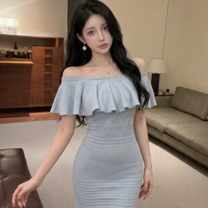 实拍 纯欲风一字肩针织连衣裙女夏小个子修身性感包臀名媛风短裙