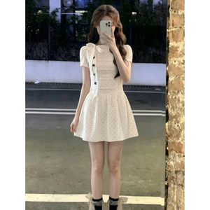 法式富家千金白色波点连衣裙子女2026新款夏季设计感掐腰公主短裙