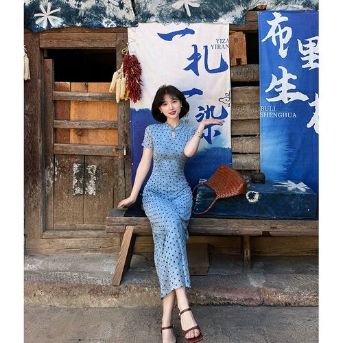 新中式国风蕾英俊松涧照复古波点改良旗袍裙夏收腰水滴领长裙