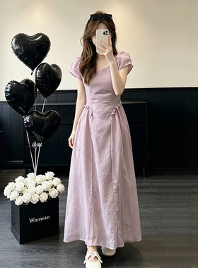 法式巨好看紫色短袖连衣裙子女夏季2026新款海边度假漂亮气质长裙
