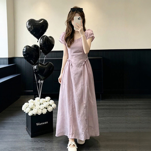 法式巨好看紫色短袖连衣裙子女夏季2026新款海边度假漂亮气质长裙