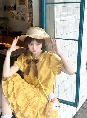 黄色波点夏季连衣裙女2025新款小个子娃娃领夏日甜美可爱宽松裙子