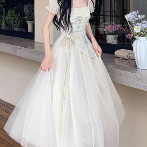 大码胖mm夏季新款设计感假两件甜美短袖连衣裙女装修身显瘦长裙子