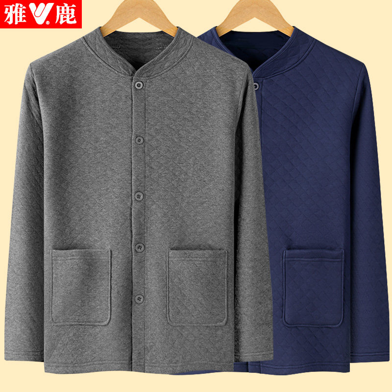 雅鹿中老年开衫保暖内衣加肥加大老年人对襟加厚三层夹棉单上衣冬