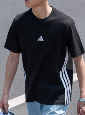 阿迪达斯2025新款圆领短袖男夏季三条纹运动服透气休闲T恤JY8564