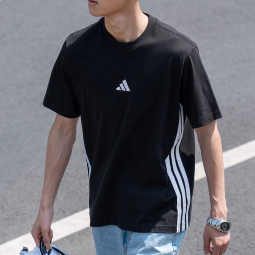 阿迪达斯2025新款圆领短袖男夏季三条纹运动服透气休闲T恤JY8564