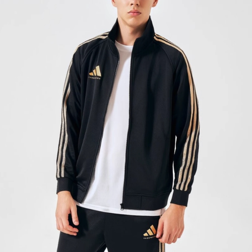 阿迪达斯黑金外套男春秋季新款休闲立领宽松三条纹夹克TR30JT-BG