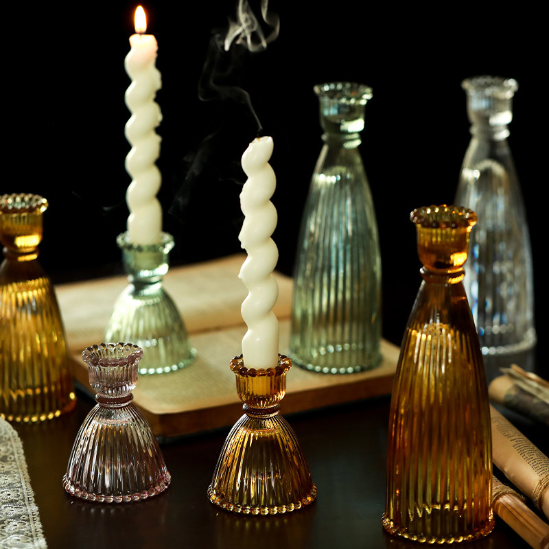 复古条纹玻璃烛台简约透明玻璃蜡烛香薰摆件家用餐厅氛围装饰酒店
