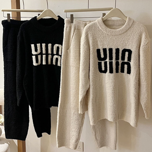 半边绒情侣睡衣套装女秋冬细纱线纯色软绵绵宽松保暖家居服套装