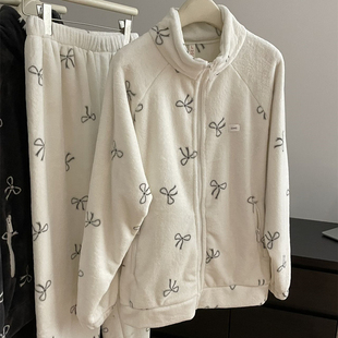 拉链睡衣女秋冬加绒加厚珊瑚绒立领家居服可外穿冬天保暖宽松套装