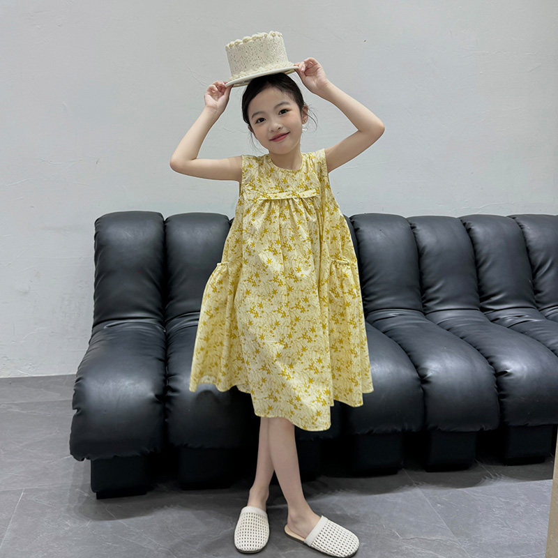女童夏季新款连衣裙儿童夏装无袖背心公主裙小女孩黄色碎花裙子